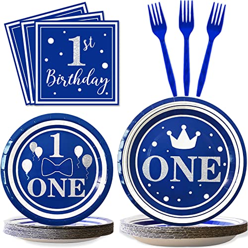 96pcs 1st Birthday Party Supplies Decorations for Boys Blue One Birthday Party Disposable Plate Napkins Tableware Set Baby Boy