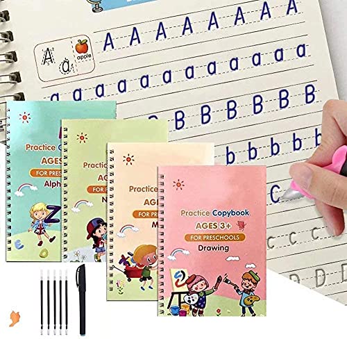 PUJI Large Magic Practice Copybook for Kids,Handwriting Practice Book 4 Pack with Pen Refill English Cursive Calligraphy Reusable Age 3-12(MATHS+DRAWING+ALPHABET+NUMBER)