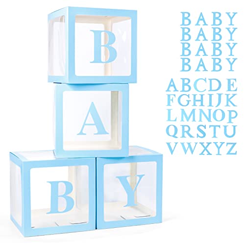 Voircoloria Baby Boxes with 42pcs Letters for Baby Shower Transparent Balloon Boxes Clear Balloon Box Blocks for Boy Girl Gender Reveal Party and Birthday Party (Blue)