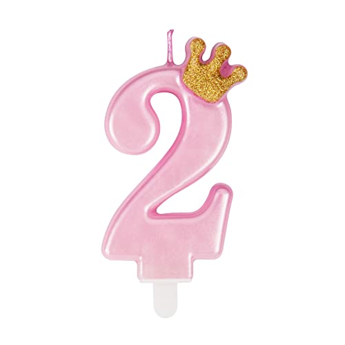 UVTQSSP 3.54 Inches 2th Birthday Candles Pink Number 2 Candles with Golden Glitter Crown Cake Topper Decoration for Party Wedding Celebration Reunions Anniversary Party Supplies Kids Adults