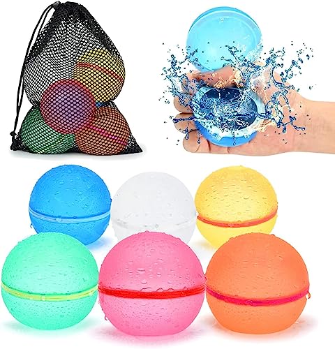 98K Reusable Water Balloons 6Pcs with Mesh Bag, Self Sealing Silicone Ball Latex-Free, No Clean Hassle, Easy to Fill, Summer Water Toys Swimming Pool Beach Park Yard Outdoor Games Party Supplies