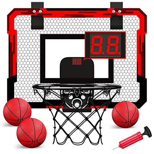 QDRAGON Mini Basketball Hoop with Electronic Scorer, Mini Hoop with 3 Balls_Inflator_Breakaway Rim, Basketball Toy Gifts for Kids and Adults, Suit for Indoor_Outdoor_Pool_Door, Red