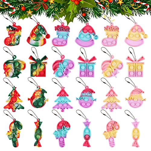 Mini Christmas Xmas Pop Fidget Party Favors 24 Pack Keychain Toys Decoration Decor Pack Push Bubble Toy Tiny Key Chain Anxiety Stress Bag Cheap Favor Gifts Unisex Kids Teens