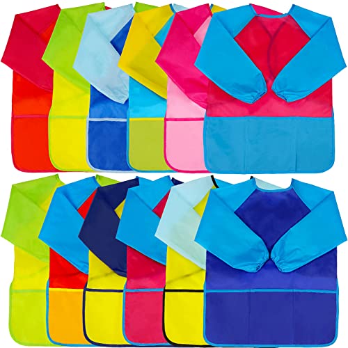 Zkptops 12 Pack Kids Art Smocks Waterproof Kids Painting Aprons Toddler Art Smock Kids Paint Smock with Long Sleeve 3 Roomy Pockets for Age 2-7 Years