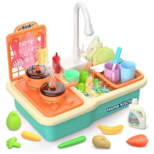 CUTE STONE Kitchen Sink Toys with Running Water, Play Sink with Upgraded Electric Faucet, Play Cooking Stove, Pot and Pan W_Spray Realistic Light & Sound, Kids Kitchen Role Play Dishwasher Toys