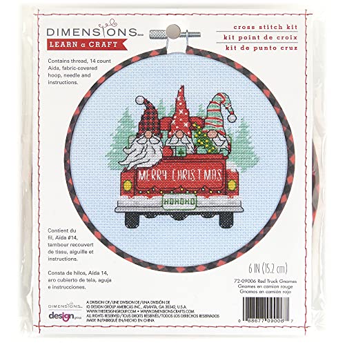 Dimensions Red Truck and Holiday Gnomes Christmas Counted Cross Stitch Kit, 6" D, 14 Cnt. Light Blue Aida 6 Piece