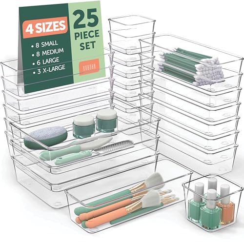 25 PCS Clear Plastic Drawer Organizers Set, 4 Sizes Clear Drawer Organizers & storage Bins for Makeup_Jewelry Vanity, Kitchen Gadgets Or Office Desk. Bathroom Drawer Organizer Trays With Non-Slip Pads