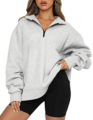 Trendy Queen Womens Oversized Sweatshirts Fall Fashion Hoodies Half Zip Pullover Long Sleeve Shirts Clothes Outfits Grey M