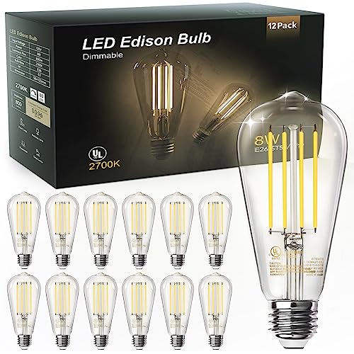 TJOY 12 Pack Vintage 8W ST58 LED Edison Light Bulbs 60W Equivalent, 800Lumens, 2700K Warm White, Dimmable, E26 Base LED Filament Bulbs, CRI80+, Antique Glass Style for Home, Bedroom, Office, Farmhouse