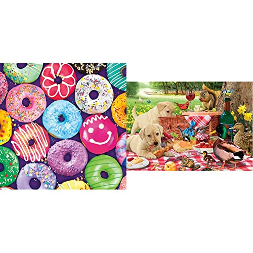 Buffalo Games - Delightful Donuts - 300 Large Piece Jigsaw Puzzle Multicolor, 18" L X 18" W & Picnic Raiders - 300 Large Piece Jigsaw Puzzle, Red