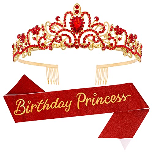 Velscrun Princess Crown, Tiaras for Girls, Red Birthday Princess Sash for Girls, Birthday Girl Crown, Birthday Accessories for Girls, Princess Birthday Decorations, Princess Birthday Party Supplies