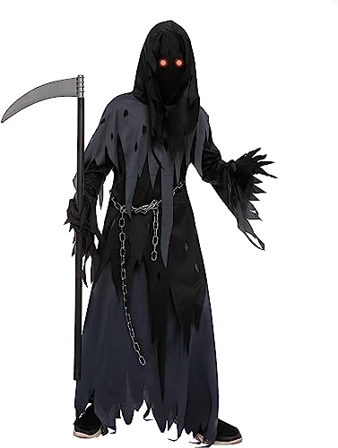 Spooktacular Creations Glowing Eyes Grim Reaper Costume for Kids, Dark Knight Reaper Phantom Costume for Halloween Dress Up-XL(12-14yr)