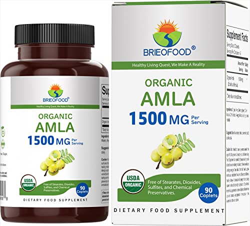 Brieofood Organic Amla 1500mg, 45 Servings, Vegetarian, Gluten Free, 90 Vegetarian Tablets