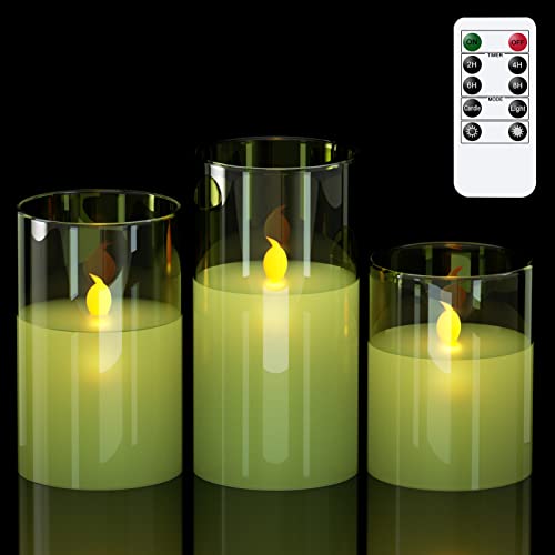 GenSwin Green Glass Battery Operated Flameless Led Candles with 10-Key Remote and Timer, Real Wax Candles Warm White Flickering Light for Home Decoration(Set of 3)