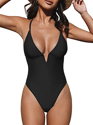 CUPSHE Women Swimsuit One Piece Bathing Suit Deep V Neck Crisscross Back Adjustable Strap Black XL