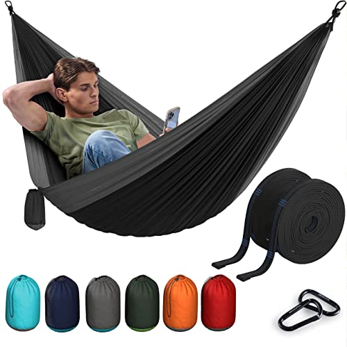 Durable Hammock 400 lb Capacity, Nylon Camping Hammock Chair - Double or Single Sizes w_Tree Straps and Attached Carry Bag - for Travel_Backpacking_Beach_Backyard (Medium, Black & Light Grey)