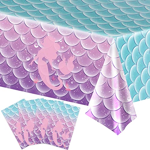 4Pcs Mermaid Birthday Party Favors Mermaid Tablecloth Decorations Disposable Plastic Table Cover for Girls Princess Under The Sea Baby Shower Themed Birthday Party Favors,108x54 Inch