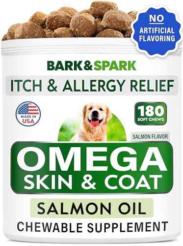 BARK&SPARK Omega 3 for Dogs - 180 Fish Oil Treats for Dog Shedding, Skin Allergy, Itch Relief, Hot Spots Treatment - Joint Health - Skin and Coat Supplement - EPA & DHA Fatty Acids - Salmon Oil