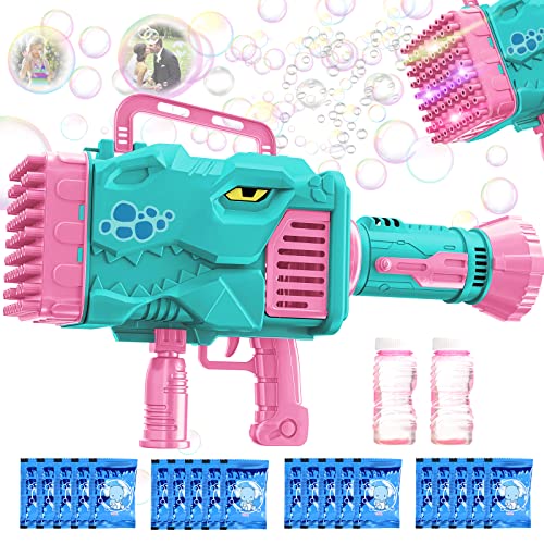 Pitpat 64 Holes Bazooka Bubble Gun - Rocket Boom Bubble Blower Extremely Large Number of Bubbles - Bubble Machine Gun with 2 Bubble Solution Refills and 20 Packs of Liquid Concentrate - Cyan&Pink