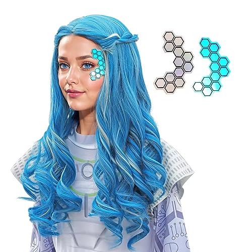 Long Light Blue with Gray Cosplay Wig and Face Sticker for Adult