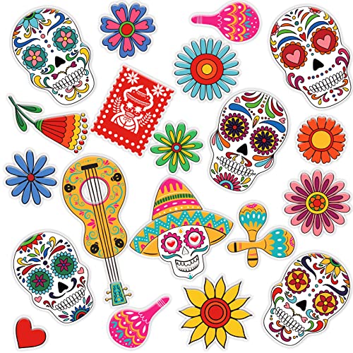 Day of The Dead Thick Gel Clings for Window Glass Mirror Decoration Dia de Los Muertos Window Gel Clings Decals for Sugar Skull Mexican Fiesta Party Supplies Flower Skull Window Clings Sticker