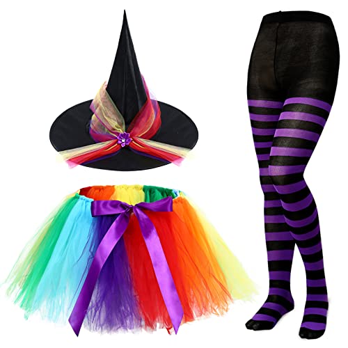 SATINIOR Halloween Witch Costume for Women Hat Tutu Skirt and Striped Tights for Girls (Purple Black with Rainbow)