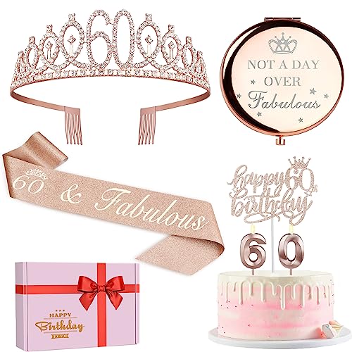 60th Birthday Decorations Women, Including 60th Birthday Crown_Tiara, Sash, Cake Topper, Candles and Not a Day Over Fabulous Compact Mirror, 60th Birthday Decorations Gifts for Women