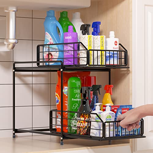 STILLDIO Metal Under Sink Organizer Storage with 2 Tier Pull Out Drawers Slide Out Wire Baskets for Kitchen Cabinet Bathroom Office Toilet Shelves Countertop Heavy Duty Collection Space Saver