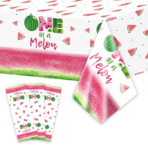 3pcs One in A Melon Party Tablecloths Watermelon First Birthday Party Supplies Watermelon Table Cover Decoration Plastic Disposable Summer Party Tablecloths Watermelon Party Favors,108 inch*54 inch