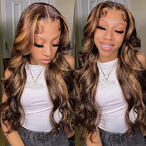 SUPERNOVA 4_27 Highlight Lace Front Wigs Human Hair Blonde and Brown Lace Front Wig Human Hair 180zz Density Ombre 13X4 Lace Front Wigs for Black Women Ombre Highlight Hair(20 inch)