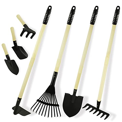 CHEERBANK 7PCS Kids Gardening Tools, Long Shovel, Rake for Leaves, Spade, Hoe, Steel Heads & Real Wood Handle, Yard Tools for Children Toddlers Gifts