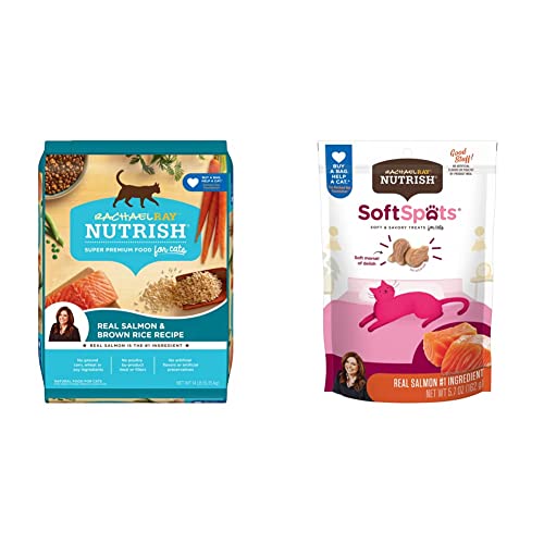 Rachael Ray Nutrish Salmon & Brown Rice 14 Pounds Dry Cat Food + Soft Spots Salmon 5.7 Ounce (Pack of 6) Cat Treats Bundle