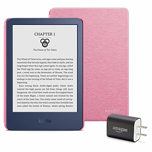 Kindle Essentials Bundle including Kindle (2022 release) - Denim - Without Lockscreen Ads, Fabric Cover - Rose, and Power Adapter