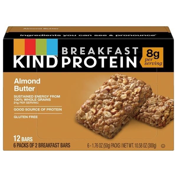 KIND Breakfast, Healthy Snack Bar, Almond Butter, Gluten Free Breakfast Bars, 8g Protein, 1.76 OZ Packs (6 Count)