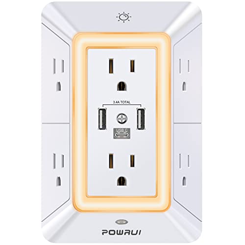 Multi Plug Outlet Surge Protector - POWRUI 6 Outlet Extender with 3 USB Ports (1 USB C) and Night Light, 3-Sided Power Strip with Adapter Spaced Outlets - White, ETL Listed