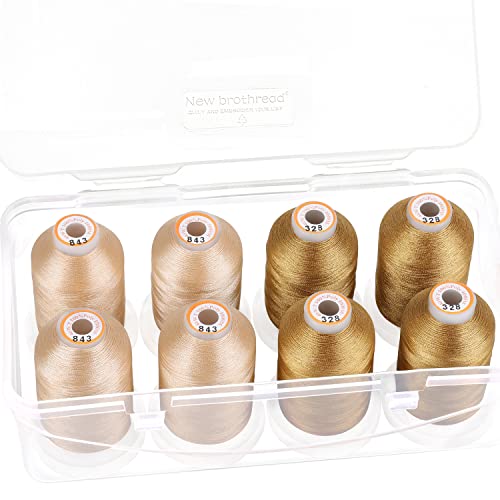 New brothread - 20 Options - 8 Snap Spools of 1000m Each Polyester Embroidery Machine Thread with Clear Plastic Storage Box for Embroidery & Quilting - 4xBeige+4xBrass