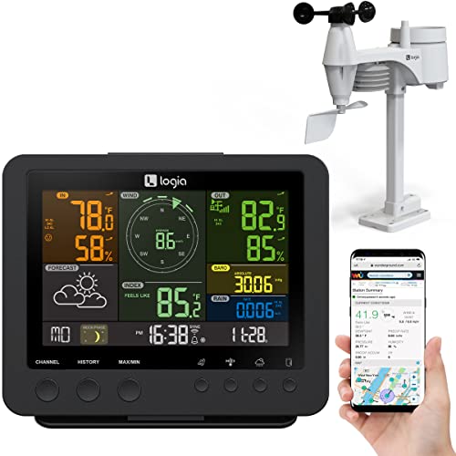 Logia 5-in-1 Wi-Fi Weather Station | Indoor_Outdoor Remote Monitoring System Reads Temperature, Humidity, Wind Speed_Direction, Rain & More | Wireless LED Console w_Forecast Data, Alerts (Black)