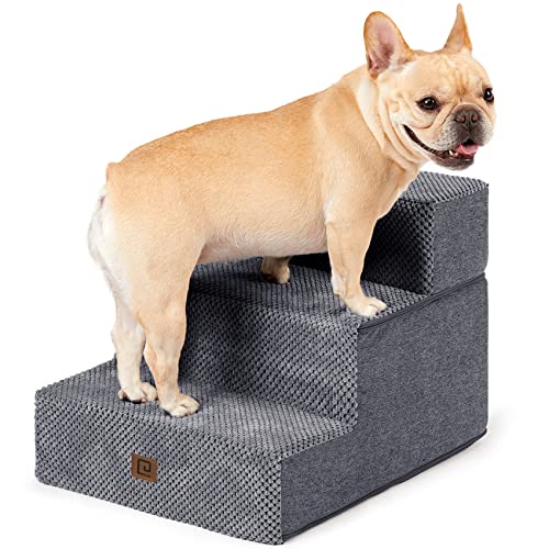 EHEYCIGA Dog Stairs for Small Dogs 13.5" H, 3-Step Dog Steps for Couch Sofa and Chair, Pet Steps for Small Dogs and Cats, Non-Slip Balanced Dog Indoor Ramp, Grey