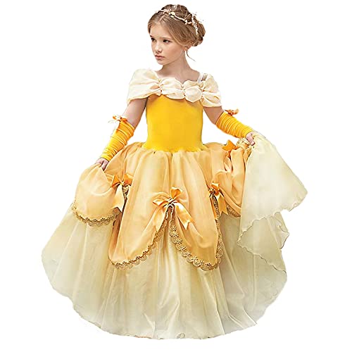 MDYCW Puffy Princess Dress Off Shoulder Layered Costume, Special Occasion Dresses for Toddler Girls Age 12-13 Years, Ultra Soft Lace Fancy Gown Birthday Party Dress Up, Yellow