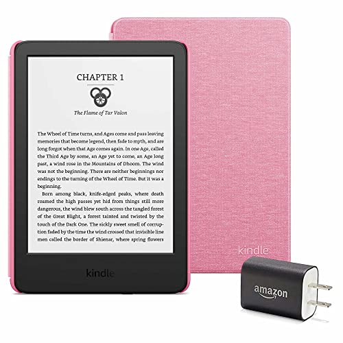 Kindle Essentials Bundle including Kindle (2022 release) - Black, Fabric Cover - Rose, and Power Adapter