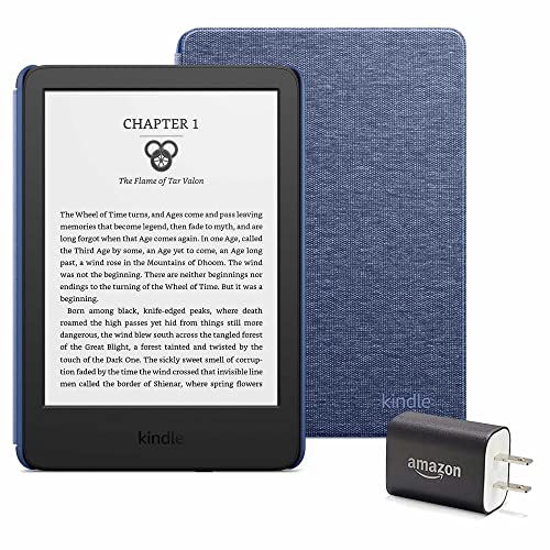 Kindle Essentials Bundle including Kindle (2022 release) - Black, Fabric Cover - Denim, and Power Adapter