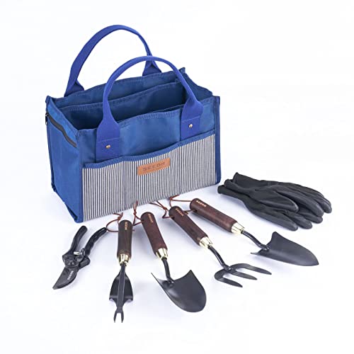 SEEDR GARDEN WORKS Outdoor Garden Tool Set, Stainless Steel Gardening Set - Garden Tool Organizer Bag, Garden Trowel, Cultivator, Transplanter, Weeder, Bypass Pruning Shears, and Garden Gloves–7pc Set