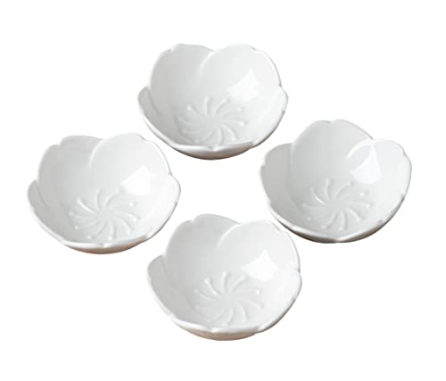 Jusalpha Pink Cherry Blossom Ceramic Sauce Dish, Seasoning Dish, Sushi Soy Dipping Bow, Dessert Bowl, Appetizer Plates, Serving Dish for Kitchen Home(Set of 4) (Set of 4, White)