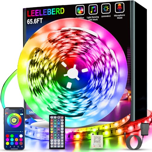 Leeleberd 65.6 ft Led Lights for Bedroom, Bluetooth Smart APP Control 5050 RGB Color Changing Led Strip Lights with Remote Control and Power Adapter Led Lights for Room Kitchen Party Home Decoration