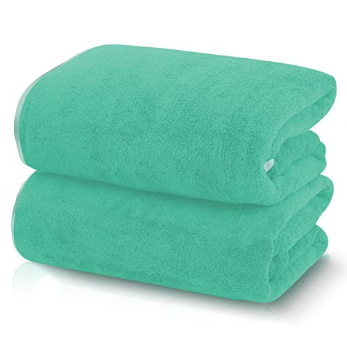 TENSTARS Silk Hemming Bath Towels for Bathroom Clearance - 27 x 55 inches - Light Thin Quick Drying - Soft Microfiber Absorbent Towel for Bath Fitness, Sports, Yoga, Travel, Gym - 2 Pack, Aqua Green