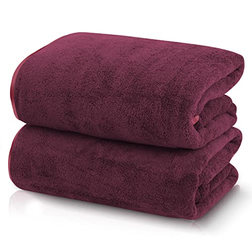 TENSTARS Silk Hemming Bath Towels for Bathroom Clearance - 27 x 55 inches - Light Thin Quick Drying - Soft Microfiber Absorbent Towel for Bath Fitness, Sports, Yoga, Travel, Gym - 2 Pack, Burgundy