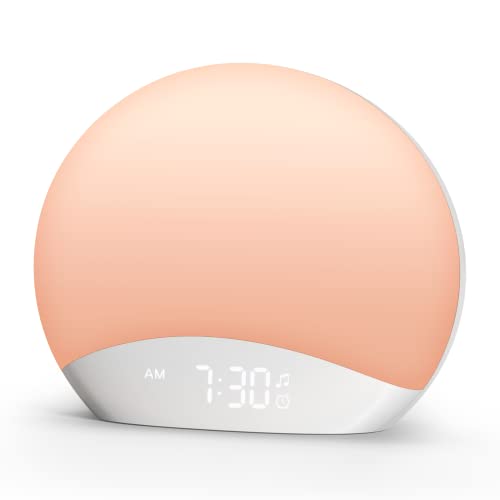 REACHER Sound Machine Sunrise Alarm Clock with Night Light, 26 Nature Inspired Sleep Sounds, 0-100zz Dimmable Clock, Sunrise Lamp, Wake Up Light, Brown_Pink_White Noise Machine for Babys, Adults, Kids