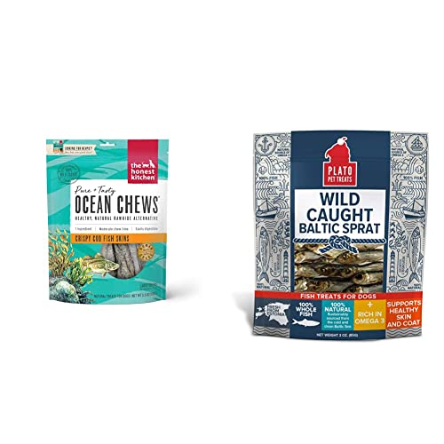 The Honest Kitchen Ocean Chews Crispy Cod Fish Skins Dog Treats, 5.5 Oz (Beams) and Plato Baltic Sprat 3oz