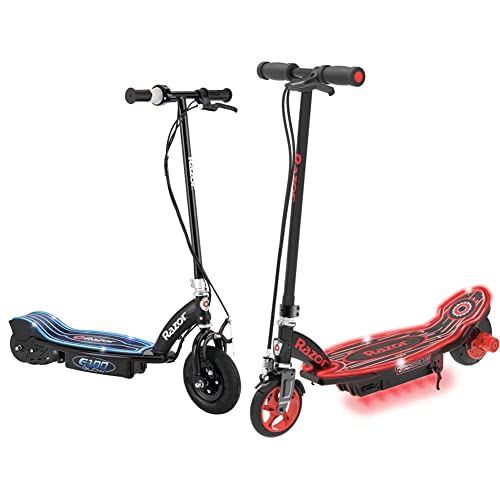 Razor E100 Glow Electric Scooter for Kids Age 8+ and Razor Power Core E90 Electric Scooter with hub motor, push-button throttle, for kids 8+