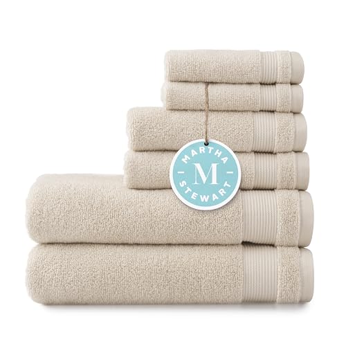 MARTHA STEWART 100zz Cotton Bath Towels Set Of 6 Piece, 2 Bath Towels, 2 Hand Towels, 2 Washcloths, Quick Dry Towels, Soft & Absorbent, Bathroom Essentials, Beige